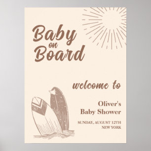 Neutrale Minimal Boho Surfboard Baby Shower Begrüß Poster