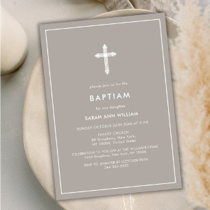 Neutrale Minimale Typografie Cross Frame Baptisse Einladung