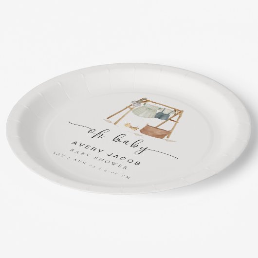 Neutrale Minimalistische Babyduschkleidung Pappteller (Schrägansicht)