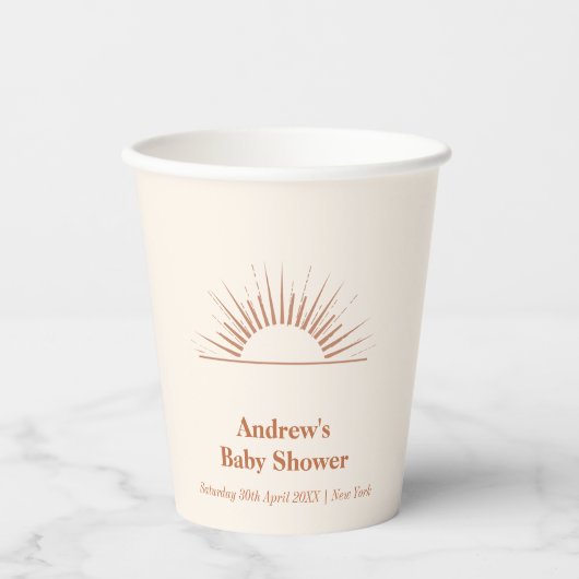 Neutrale Minimalistische Boho Sunshine Baby Dusche Pappbecher (Vorderseite)