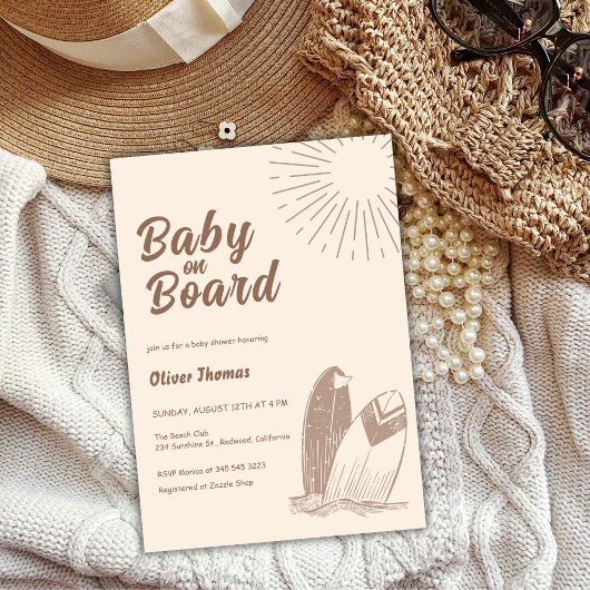 Neutrale Minimalistische Boho Surfboard Babydusche Einladung