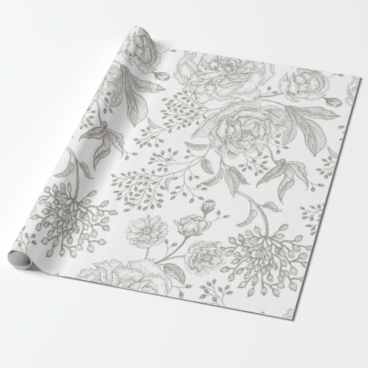 Neutrale monochrome graue Vintage Blume Geschenkpapier (Ungerollt)