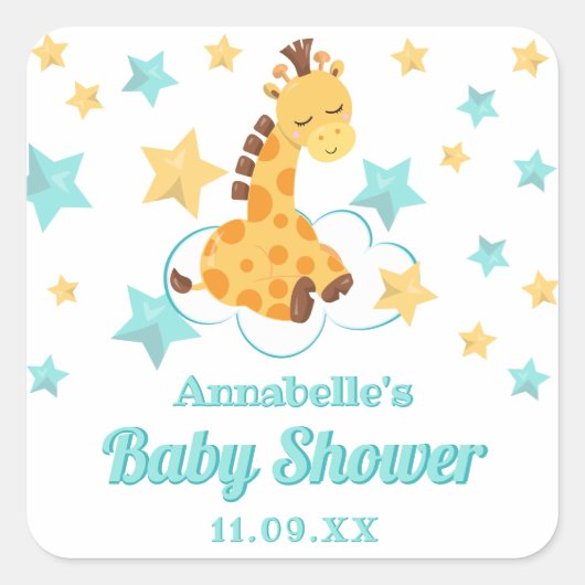 Neutrale Niedliche Giraffe & Stars Kinderdusche Quadratischer Aufkleber (Vorderseite)