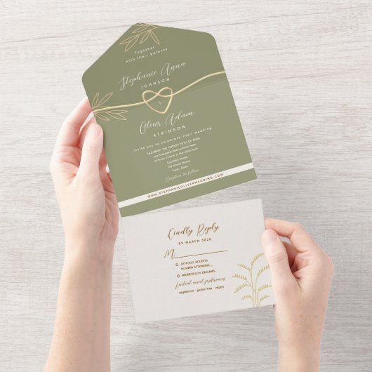 Neutrale Olive Green Wedding All-in-One Einladung (Abreißen)