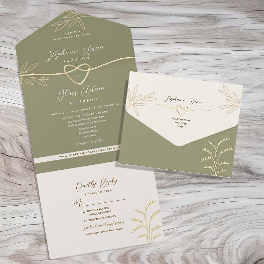 Neutrale Olive Green Wedding All-in-One Einladung
