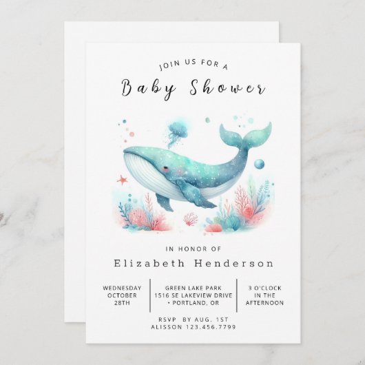 Neutrale Online-Whale-Babydusche für Geschlechter Einladung (Vorne/Hinten)