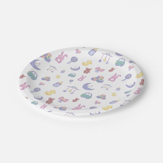 Neutrale Pastel-Babydusche Pappteller (Schrägansicht)