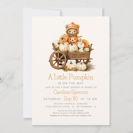 Neutrale Pumpkin Fall Bear Baby Dusche Einladung (Vorderseite)
