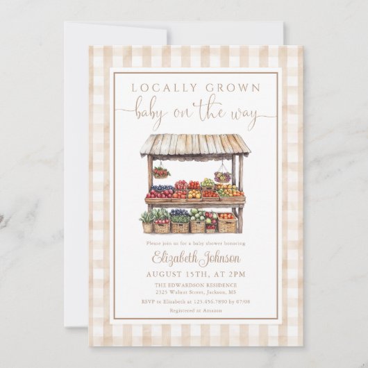 Neutrale, rustikale Babydusche aus lokalem Anbau Einladung (Vorderseite)