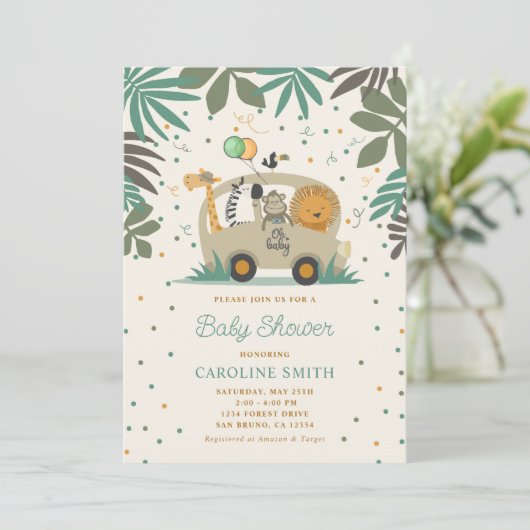 Neutrale Safari-Tiere Baby-Dusche Einladung (Stehend Vorderseite)