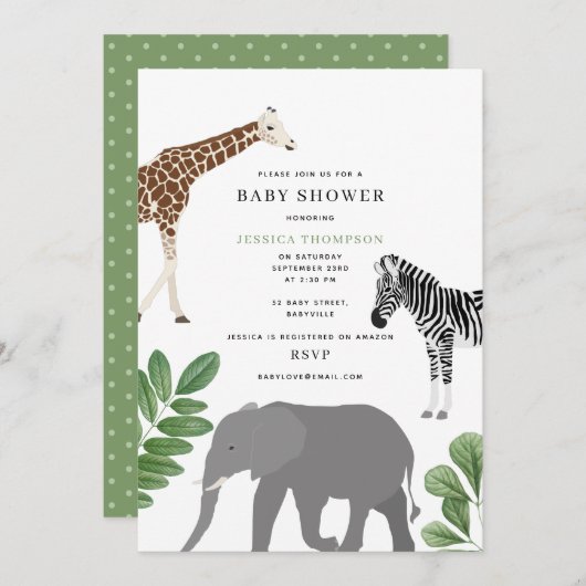 Neutrale Safari Wildtiere Baby Dusche Einladung (Vorne/Hinten)