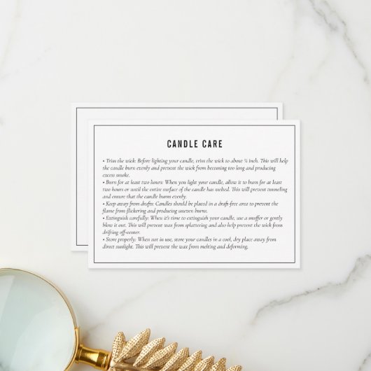 Neutrale Schwarz-weiße Candle Care Instruction Car Dankeskarte (Vorderseite/Rückseite Beispiel)