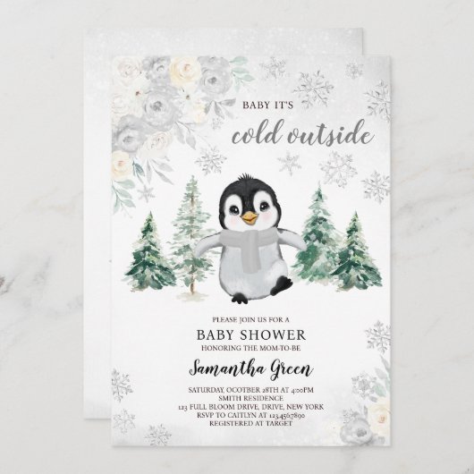 Neutrale Silberpinguin-Babydusche Einladung (Vorne/Hinten)