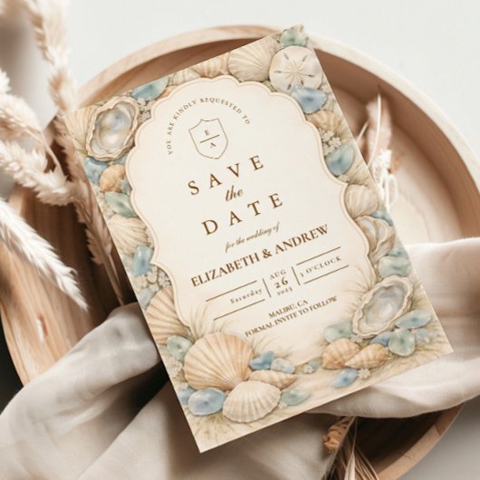 Neutrale Strandkranz-Hochzeit Save The Date