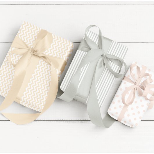 Neutrale Streifen, Polka Dosen und Zickzack Geschenkpapier Set
