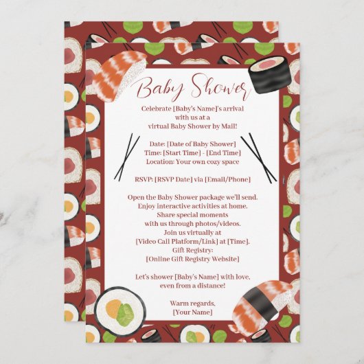 Neutrale Sushi-Babydusche nach Entfernung Einladung (Vorne/Hinten)