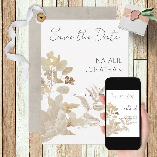 Neutrale Tan-Wildblumen Moderne Hochzeit Save The Date