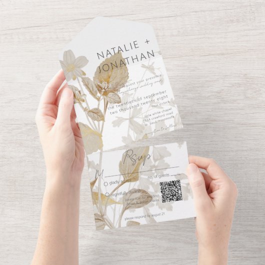 Neutrale Tan-Wildblumen Moderner QR-Code All In One Einladung (Abreißen)