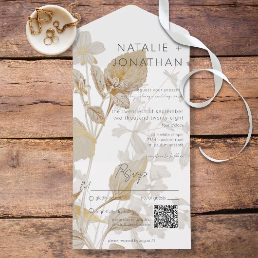 Neutrale Tan-Wildblumen Moderner QR-Code All In One Einladung