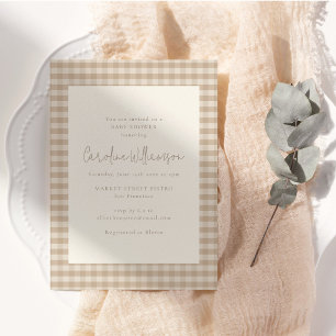 Neutrale Taupe Beige Gingham Karo Baby Shower Einladung