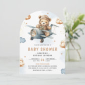 Neutrale Teddy Bär Blue Airplane Arch Baby Dusche Einladung (Stehend Vorderseite)