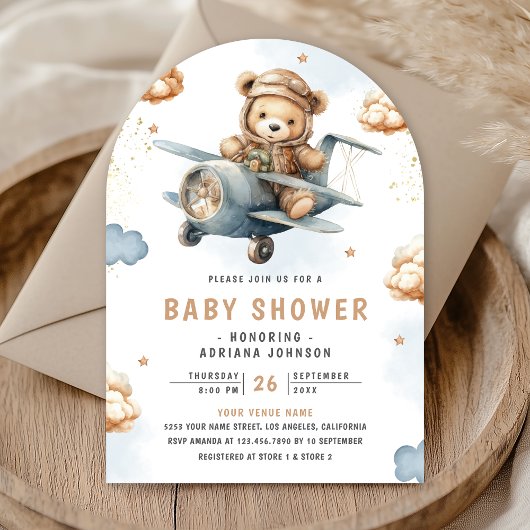 Neutrale Teddy Bär Blue Airplane Arch Baby Dusche Einladung