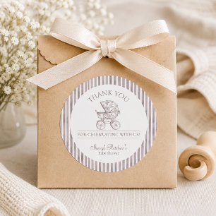 Neutrale Toile de Jouy Baby-Shower Dankeschön-Aufk Runder Aufkleber