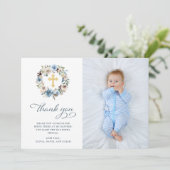 Neutrale und blaue Blumen| Foto-Taufe Dankeskarte (Stehend Vorderseite)