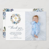 Neutrale und blaue Blumen| Foto-Taufe Dankeskarte (Vorne/Hinten)