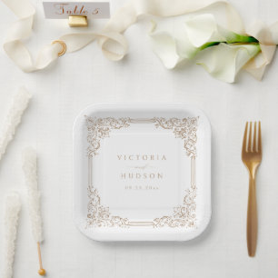 Neutrale Vintage-Rahmen Elegante Namen Hochzeit Pappteller
