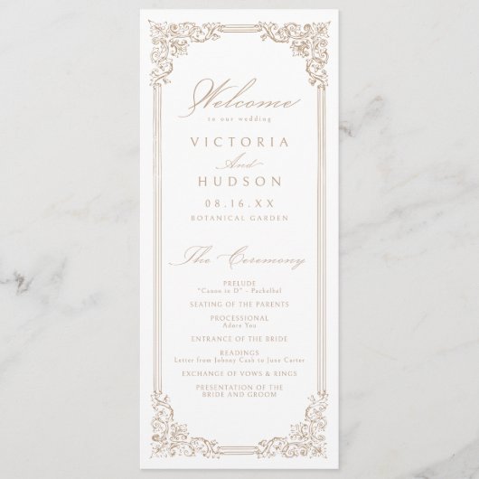Neutrale Vintage Rahmen-Elegante SkriptWedding Programm (Vorderseite)