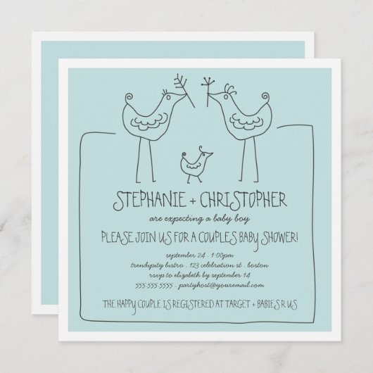 Neutrale Vögel Moderne Kinderwagen Babydusche Einladung (Vorne/Hinten)