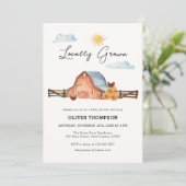 Neutrale, vor Ort angebaute Barn-Babydusche Einladung (Stehend Vorderseite)