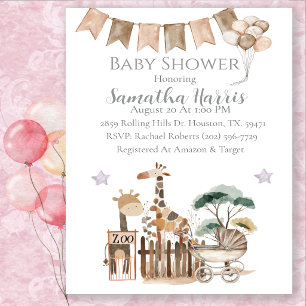 Neutrale Wasserfarbe Zoo-Tiere Baby-Party Einladung