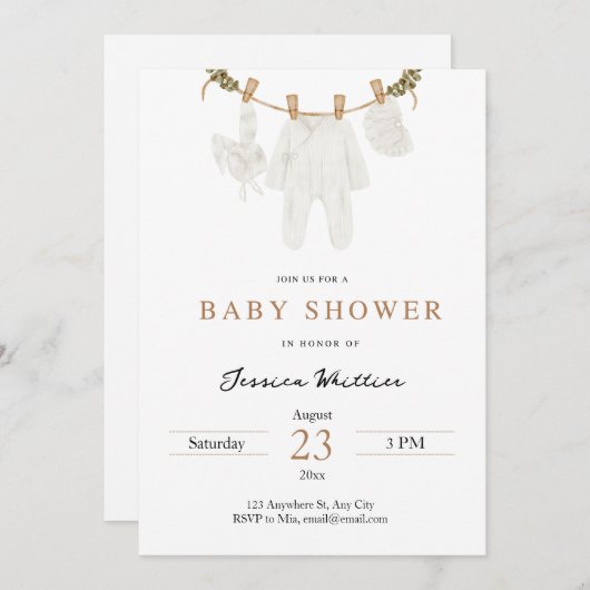 Neutrale Wasserfarben Babykleidung Babydusche Einladung (Vorne/Hinten)