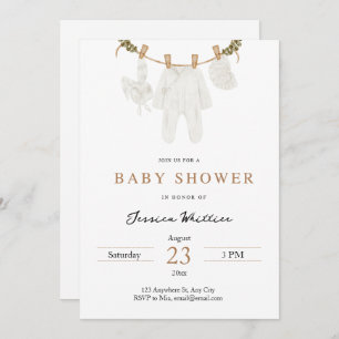 Neutrale Wasserfarben Babykleidung Babydusche Einladung