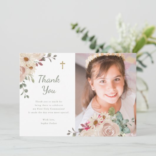 neutrale Wasserfarbenfloral | Foto der ersten Komm Dankeskarte (Stehend Vorderseite)