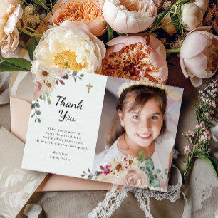 neutrale Wasserfarbenfloral   Foto der ersten Komm Dankeskarte