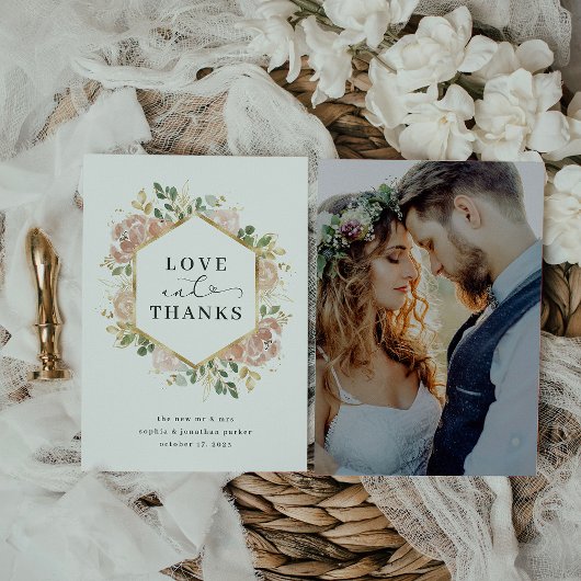 neutrale Wasserfarbenfloral | Gold Liebe und Dank Dankeskarte