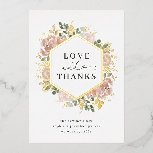 neutrale Wasserfarbenfloral | Liebe und Dank Gold Folieneinladung (Vorderseite)
