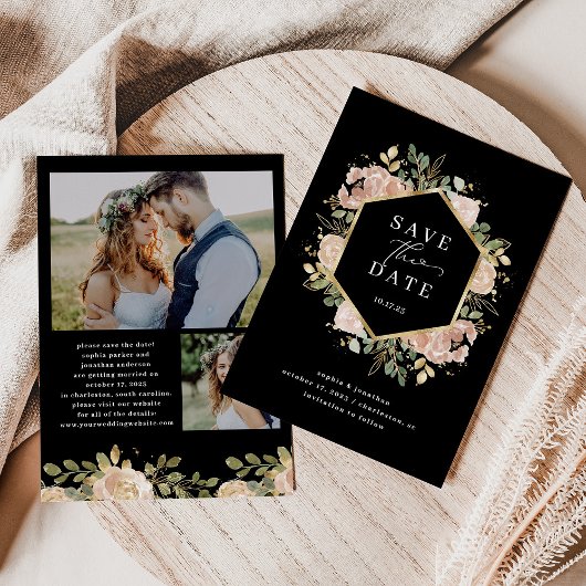 neutrale Wasserfarbenfloral | Schwarz Save the Dat Date