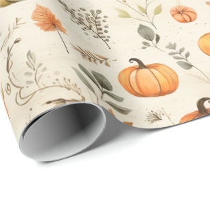 Neutrale Wasserfarbenkürbis und Fallleaf Sprigs Geschenkpapier
