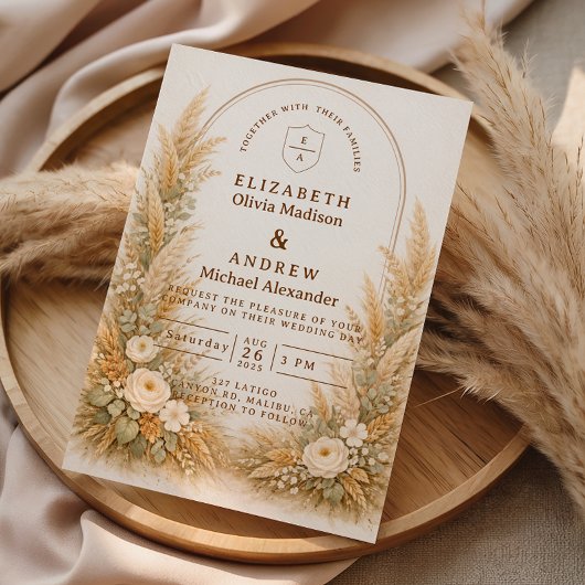 Neutrale Weizenbogen-Blumenhochzeit Einladung