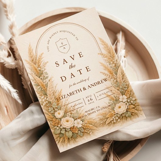 Neutrale Weizenbogen-Blumenhochzeit Save The Date