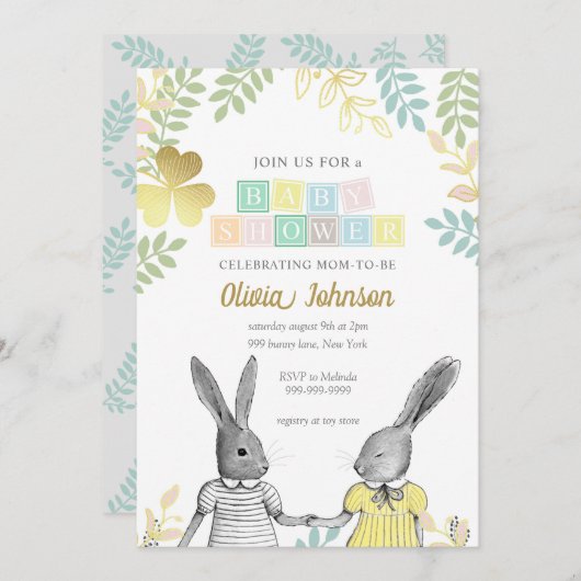 Neutrale Whimsical Rustic Bunny Baby Shower Einladung (Vorne/Hinten)