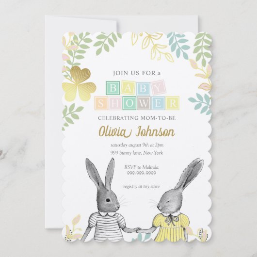 Neutrale Whimsical Rustic Bunny Baby Shower Einladung (Vorderseite)