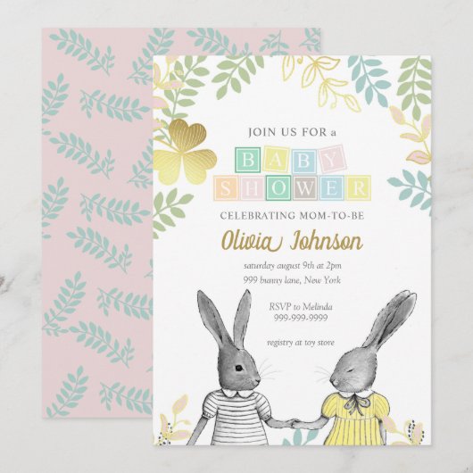 Neutrale Whimsical Rustic Bunny Baby Shower Einladung (Vorne/Hinten)