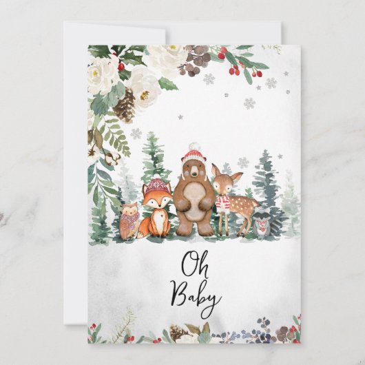 Neutrale Winter Woodland Babydusche Einladung (Rückseite)
