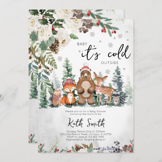 Neutrale Winter Woodland Babydusche Einladung (Vorne/Hinten)