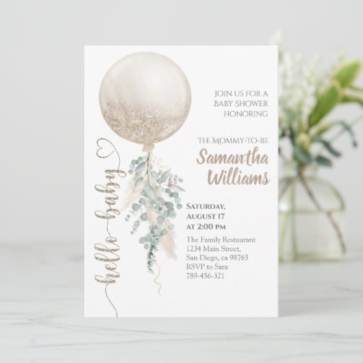 Neutraler Ballon Pampas Baby Showe Einladung (Stehend Vorderseite)